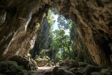Fototapeta premium Cave Cuba - Exploring the Stone Interior of Ambrosio Cave with Bright Shadows and Stalactites