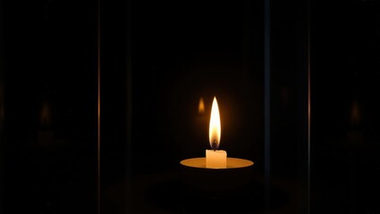 A single candle flame burning brightly in the dark casting light on the surrounding area around it