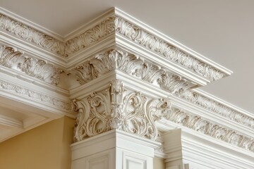 Fototapeta premium Ceiling Trim. Stucco Crown Molding Detail in Interior Room with Ornate Fretwork Column and Plinth