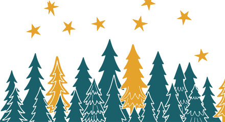 Festive winter forest with evergreen trees and golden stars for holiday designs and backgrounds