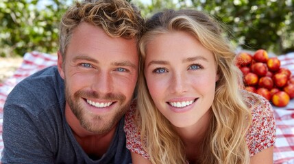 Young couple enjoys picnic on blanket surrounded by fresh fruit in sunny outdoor setting