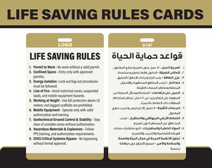 Permit to Work - Life Saving Rules Safety Sign in Arabic and English Vector Template design - ID Cards for industrial use in Companies - Life Saving Rules Safety Cards with Arabic Translation