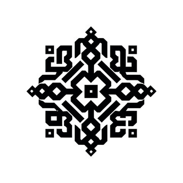 A symmetrical black and white pattern featuring geometric shapes and intricate interwoven designs in a square format