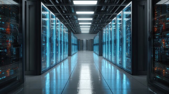 Central Hub: Interior of Modern Data Center, Networking and Database Solutions