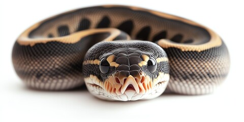 Fototapeta premium Close-up of a coiled python snake with intricate patterns on its skin against a white background.
