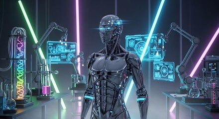 Futuristic Robot in a Neon-Lit Laboratory Setting.