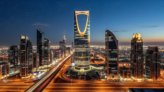 Riyadh, Saudi Arabia skyline at dusk, featuring the iconic Kingdom Centre tower and vibrant traffic light trails on the highway.