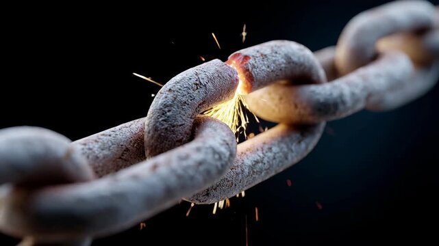 Fragile rusty chain breaking at weak link from extreme tension. stark metaphor for flawed economicpolicy where liberation follows systemic collapse and failure