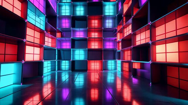 Bright neon cubes in vibrant multicolor arrangement glowing with reflections in futuristic room