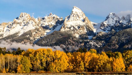 Snowy mountains with autumn foliage