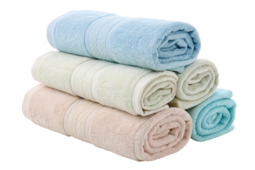 Stack of fluffy cotton towels in pastel colors for bathroom or spa decor soft and absorbent