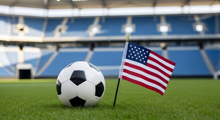 Fototapeta premium Soccer Ball Placed in Empty Football Stadium