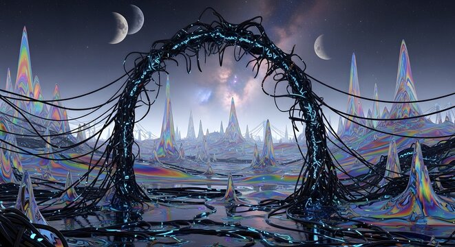 Sci-fi portal arch with moonlit background - Powered by Adobe