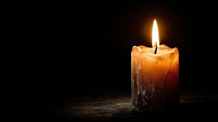 A single burning candle with a bright flame casts warm light on a dark textured surface