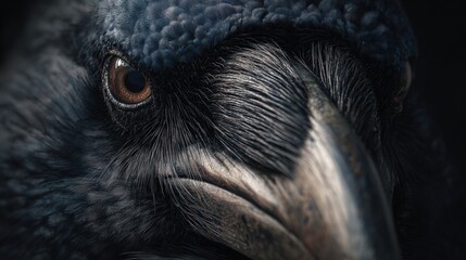 Extreme close up of a dark crow's watchful brown eye and textured black feathers