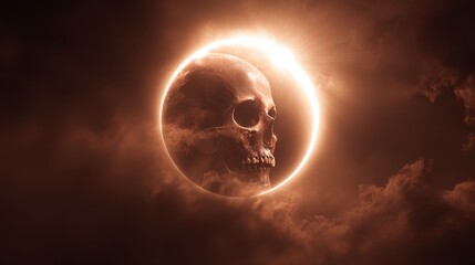 Human skull profile with glowing ring resembling a solar eclipse in dark cloudy sky