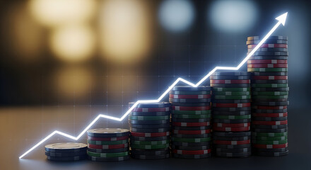 Stacks of poker chips forming rising columns with glowing upward chart line — profit growth, investment gains and financial performance visualization