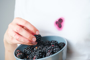 A child stands indoors, holding a bowl filled with ripe blackberries. Stains on their shirt hint at recent enjoyment of the sweet fruit. The bright setting enhances the cheerful atmosphere
