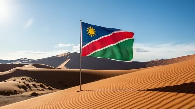 Namibian flag waving in the desert landscape, showcasing vibrant colors against sandy dunes