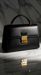 Elegant Black Leather Handbag with Gold Hardware on Marble Surface.