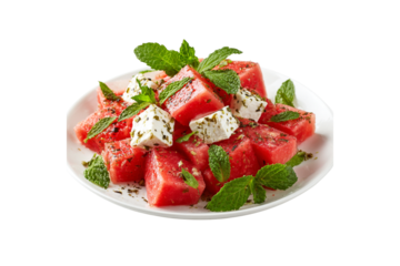 Fresh watermelon feta salad with mint isolated on transparent background
