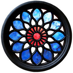 Circular stained glass window with a floral rose pattern in blue and red, set in a black frame, isolated on transparent background