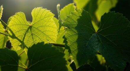 Close-up of vibrant green grapevine leaves illuminated by soft sunlight in a vineyard