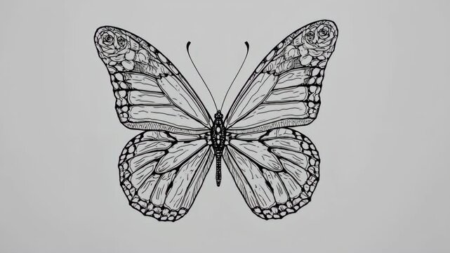Detailed black and white line drawing of a butterfly with intricate wing patterns
