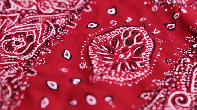 Close-up of a red bandana with intricate white and black paisley patterns