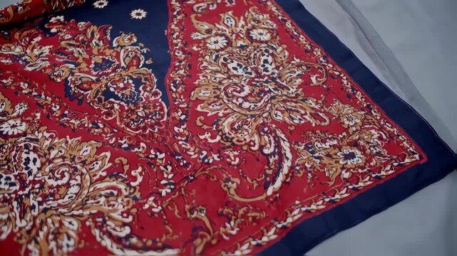 A richly colored fabric swatch displays a vibrant, intricate paisley pattern in shades of red, gold, and navy blue, bordered by a dark blue band. 
