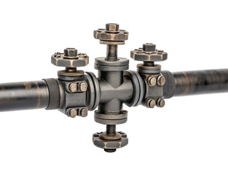 Industrial valve assembly on black background displays complex metal engineering and design detail