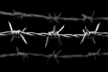 Barbed wire fence with sharp points and twisted strands against a dark background