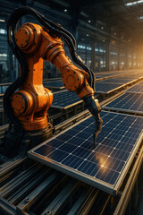 Naklejka premium Industrial robotic arm assembling solar panel in factory with warm sunlight