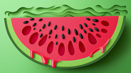 A vibrant illustration of a juicy watermelon slice created with a layered paper cut effect. This digital art piece features a fresh summer fruit with a dripping effect against a green background