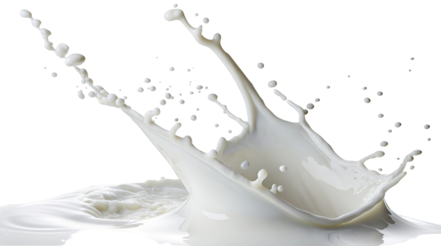 Milk splash captured in mid-air creating artistic droplets isolated on white background image