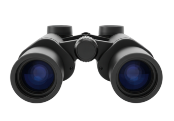 Black professional binoculars isolated on white background with blue reflective lenses