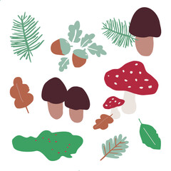 Autumn Clipart Bundle – Acorns, Mushrooms, Leaves, Moss, and Pine Branches, Hand Drawn Vector SVG Illustration