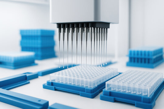 Dna structure research pipette drops in laboratory with plastic tubes