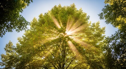 Obraz premium Sunlight filtering through tree canopy creating a mesmerizing natural spectacle in the forest