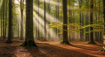 Obraz premium Sunlight through the trees in a forest creating a magical atmosphere beautiful scene