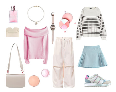 Women's fashion clothes set isolated, trendy soft colors apparel collage, female clothing outfit, look.