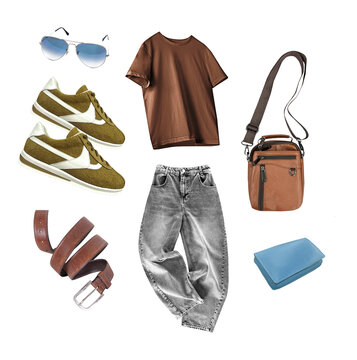 Men's clothes set isolated on white, trendy stylish look.Male clothing collection, fashion outfit.Nobody.