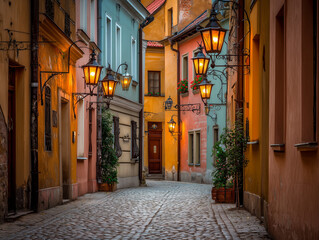 Fototapeta premium Romantic Evening in Old Town: Cobblestone Street, Gas Lamps, Pastel Buildings