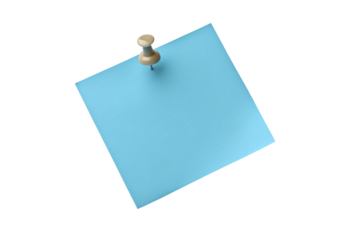 Blue note paper with beige push pin for reminder or message, isolated on black, office supplies