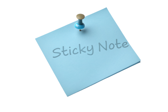 Blue sticky note with thumbtack on black background for reminders and office organization