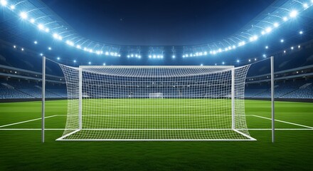 Fototapeta premium Empty Soccer Stadium with Goal Net Under Bright Lights