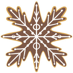 Gingerbread cookie in the shape of a snowflake with white icing. Perfect festive treat or holiday decoration. Hand drawn winter, Christmas or New Year illustration.
