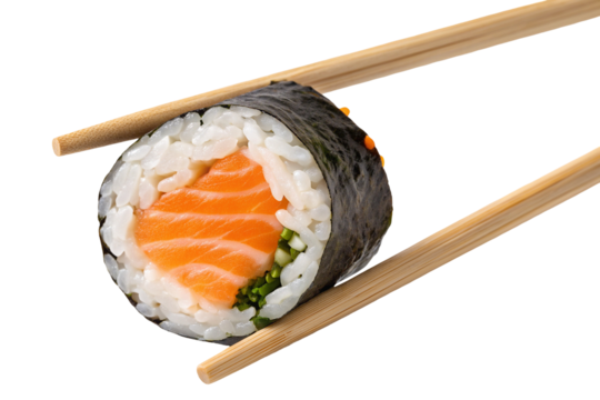 Fresh salmon sushi roll with rice and seaweed held with chopsticks on white background closeup - Powered by Adobe