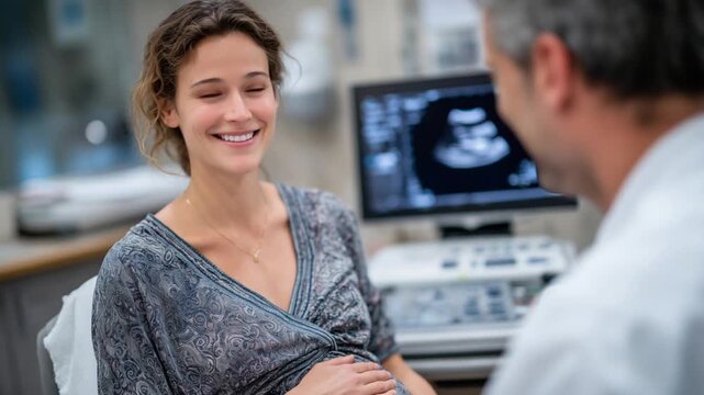 A pregnant woman smiles during an ultrasound at a medical clinic as the doctor explains the baby's image on the monitor.