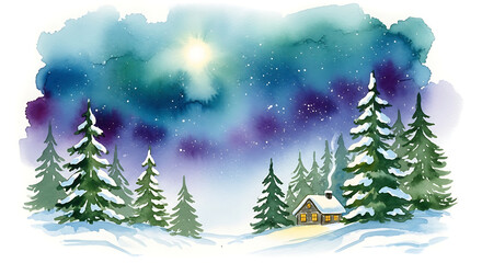 Watercolor winter landscape shows a scenic view of snow covered trees, cottage, and starlit sky. Watercolor winter scene is peaceful and serene, evoking a sense of wonder.